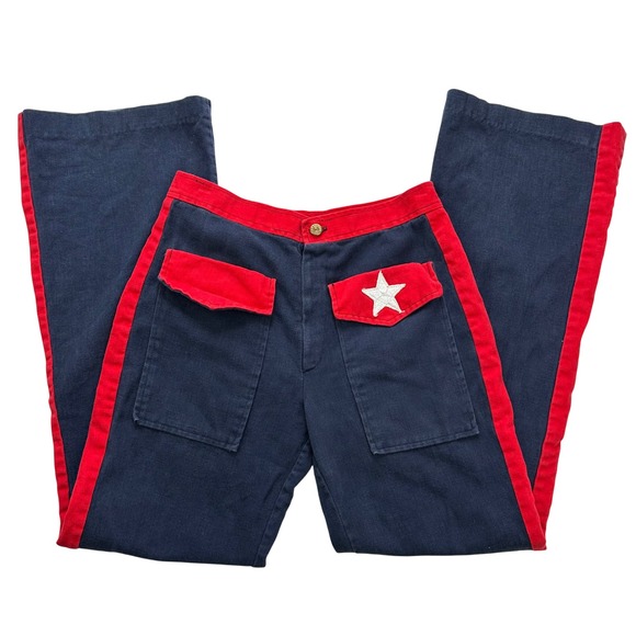 70s‎ Vintage Flare Leg Jeans Red Trim Star Pockets Blue Pants Women's Size 27 - Picture 1 of 5